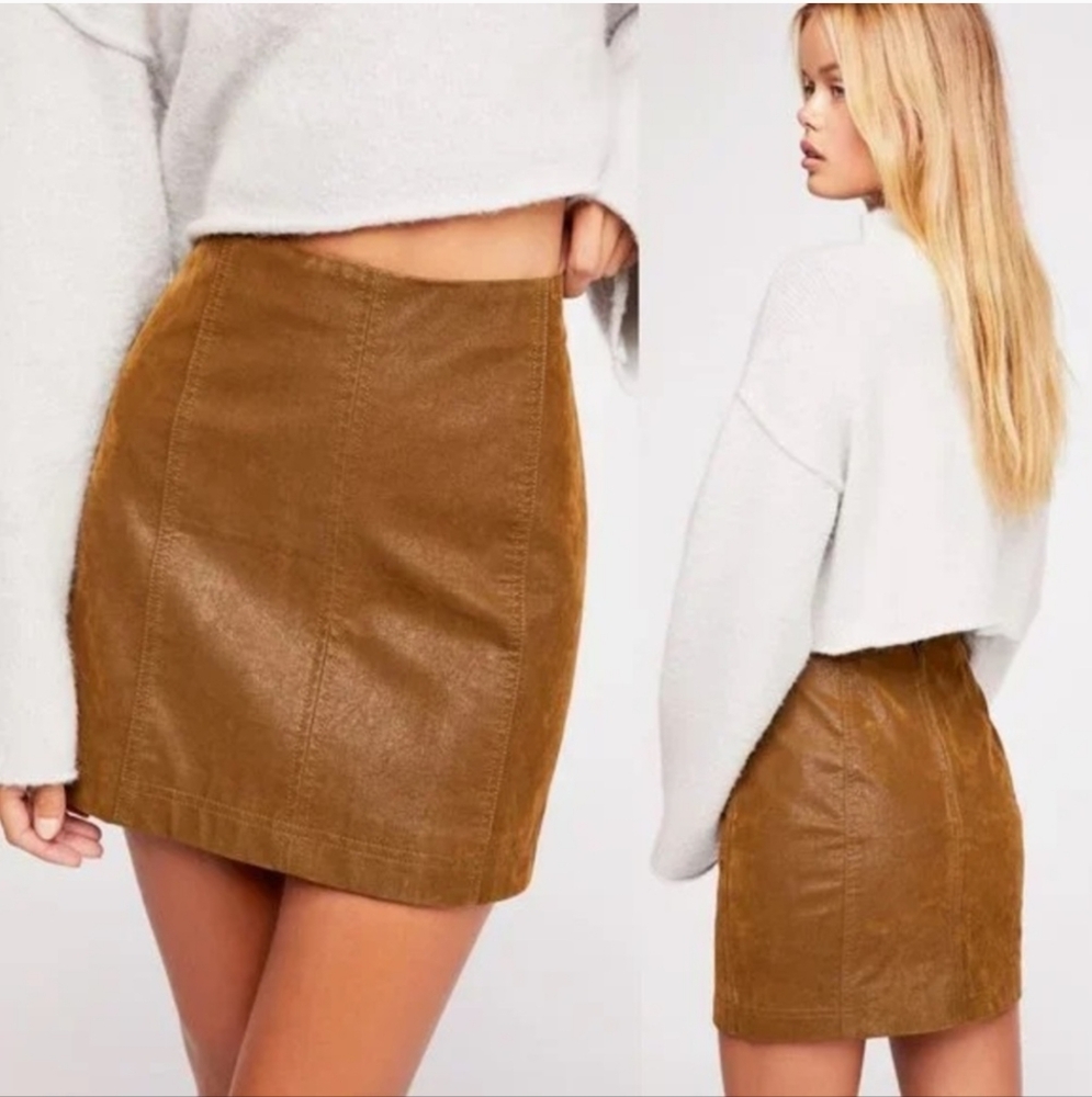 Free People Modern Femme Vegan Faux Leather Mini Skirt Camel Moroccan